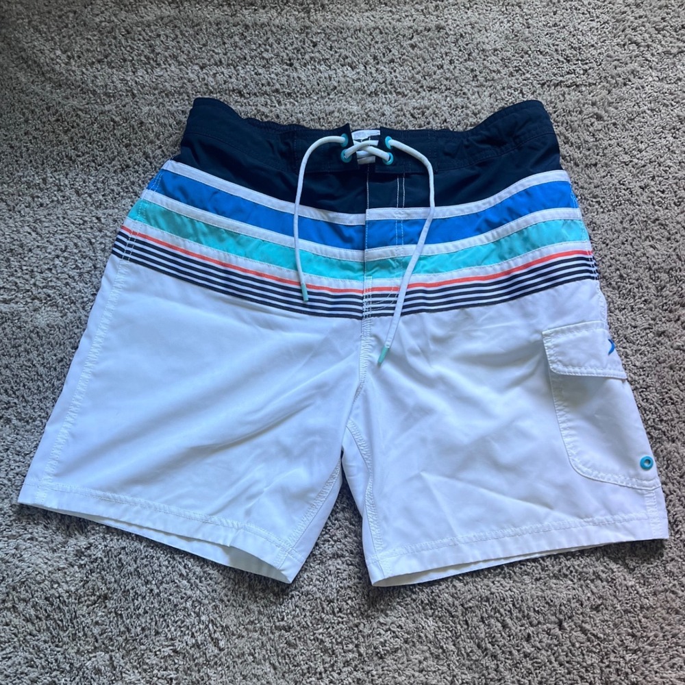 Speedo Mens Board Shorts White Navy Blue Striped Swim Trunks Mesh Lining Size M